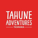 White text on a red background reads TAHUNE ADVENTURES TASMANIA in bold, uppercase letters.