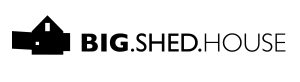 A black silhouette of a house next to the bold text BIG.SHED.HOUSE in uppercase black letters on a white background.