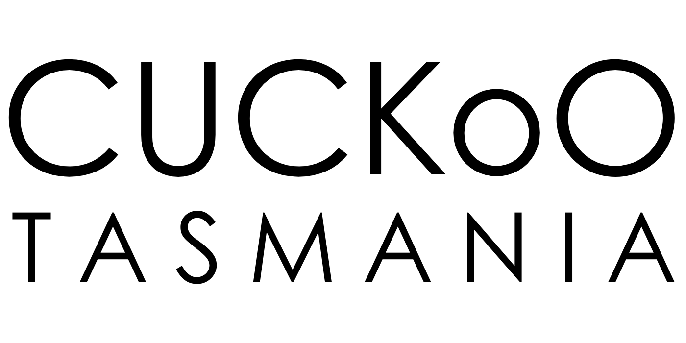 The black text CUCKOo TASMANIA is displayed in a modern, all-caps font on a light gray background, with CUCKOo above TASMANIA.