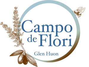 Logo with blue text Campo de Flori Glen Huon inside a blue circle, featuring a bee, a sprig of lavender, and two olives on the left side.