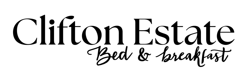 The image shows the text Clifton Estate Bed & Breakfast in elegant, black fonts on a light background.