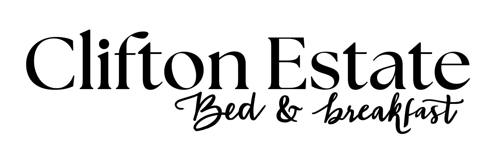 The image shows the text Clifton Estate Bed & Breakfast in elegant, black fonts on a light background.