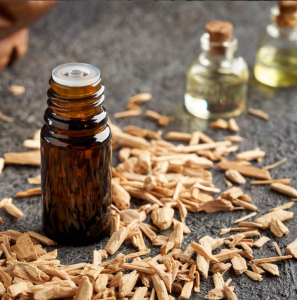 A small amber bottle of essential oil sits on a dark surface surrounded by sandalwood chips, with two blurred glass bottles in the background.