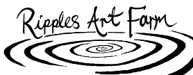 Black text reads Ripples Art Farm above black, hand-drawn concentric water ripples on a white background.
