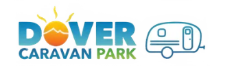 Logo for Dover Caravan Park with a sun and mountain motif in the O of Dover and an outline of a caravan next to the text.