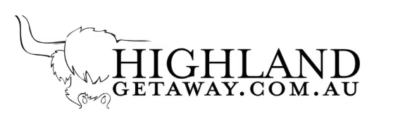 Logo with a sketch of a Highland cow’s head to the left, followed by the text HIGHLAND GETAWAY.COM.AU in capital letters.