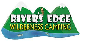 Logo for Rivers Edge Wilderness Camping with green mountains, white peaks, a river, fish, and an owl perched on the mountain.