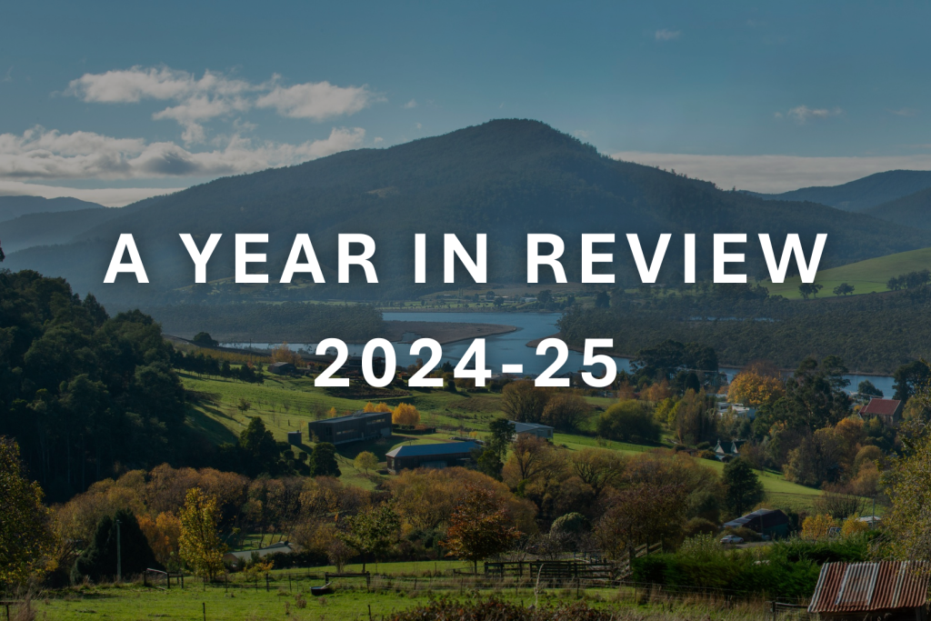A scenic rural landscape with green fields, trees, houses, and hills under a blue sky. Text over the image reads “A YEAR IN REVIEW 2024-25.”.