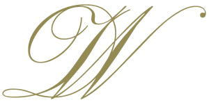 Gold, ornate calligraphy forming the intertwined letters DW on a light background.