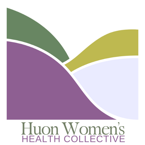 Logo with abstract curved shapes in green, gold, lavender, and purple. Below the shapes, the text reads Huon Womens Health Collective in green and purple fonts.