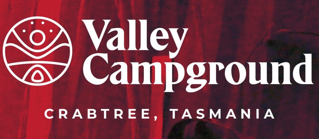 Logo for Valley Campground with a circular abstract symbol on the left, and bold white text reading Valley Campground above Crabtree, Tasmania on a red background.