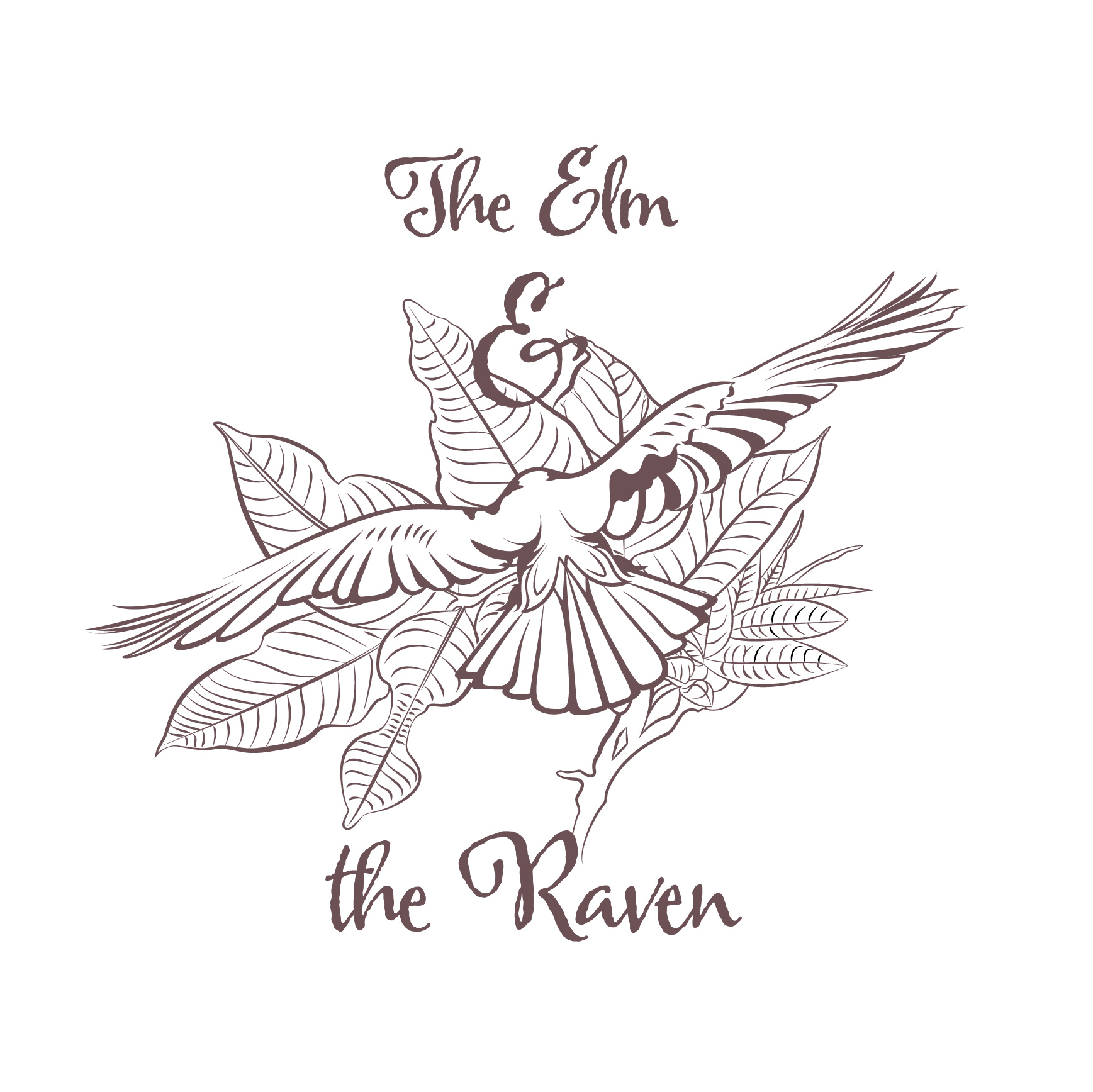 A line drawing of a flying raven in front of large elm leaves, with stylized text above and below reading The Elm & the Raven.
