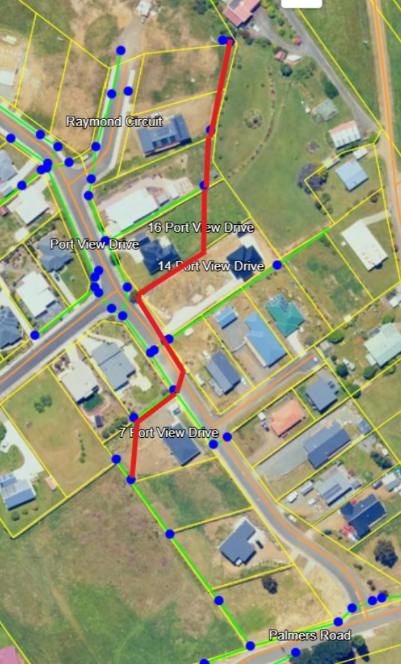 A satellite map of a residential neighborhood with property boundaries in yellow, marked houses, labeled streets, and red and blue lines indicating infrastructure routes on and near Port View Drive.