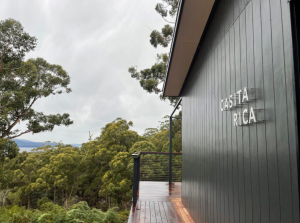 A modern dark-paneled building with a sign reading CASITA RICA overlooks a lush green forest and distant hills under a cloudy sky. A wooden deck extends along the side of the structure.