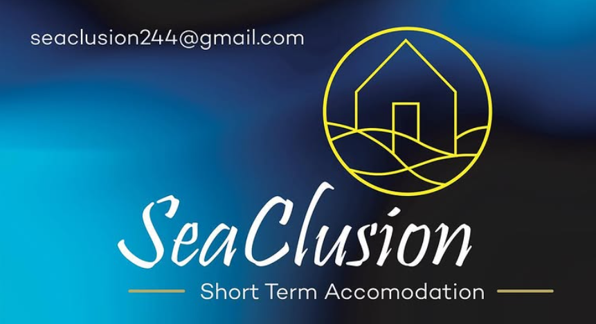 Logo for SeaClusion Short Term Accommodation with a yellow house and wave graphic, the text sea​clusion244@gmail.com at the top, on a blue and black gradient background.