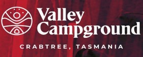 Logo for Valley Campground in Crabtree, Tasmania, featuring a circular abstract design on the left and the name Valley Campground in bold white text on a red background.
