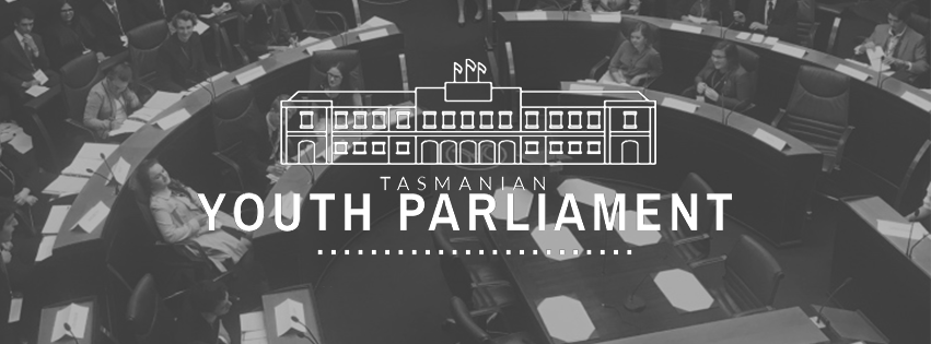 Black and white image of a parliamentary chamber with people seated in a circular arrangement; overlaid text and illustration reads Tasmanian Youth Parliament.