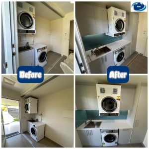 A before-and-after collage of a laundry room renovation. The before images show a basic setup with exposed washer and dryer. The after images show a modern, organized space with cabinets and a countertop.