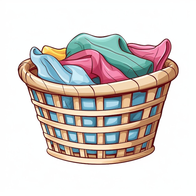 A woven laundry basket filled with colorful clothes, including pink, blue, green, and yellow garments, on a white background.