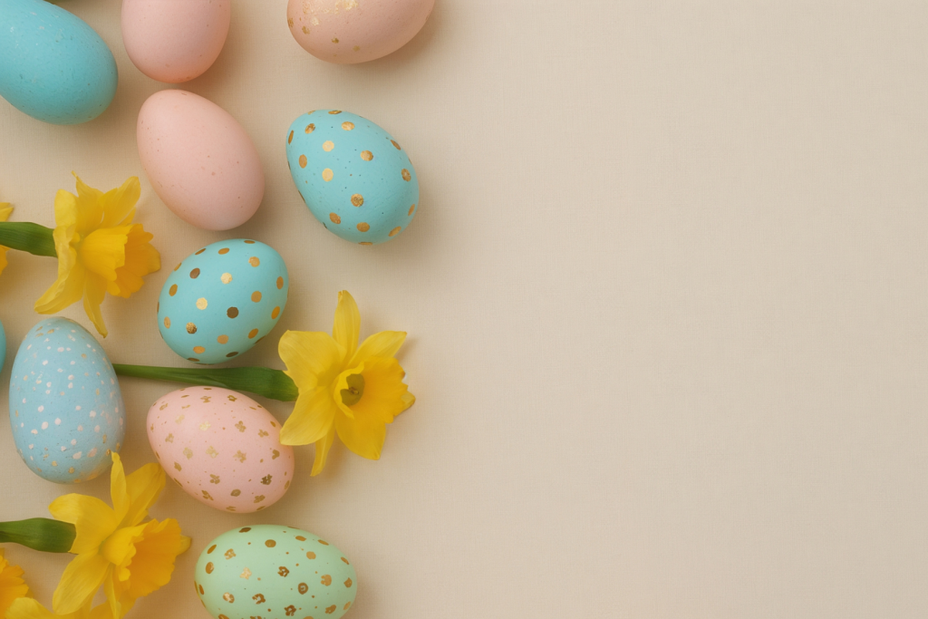 Pastel-colored Easter eggs with gold polka dots and speckles arranged with yellow daffodil flowers on a light beige background, with empty space on the right side.