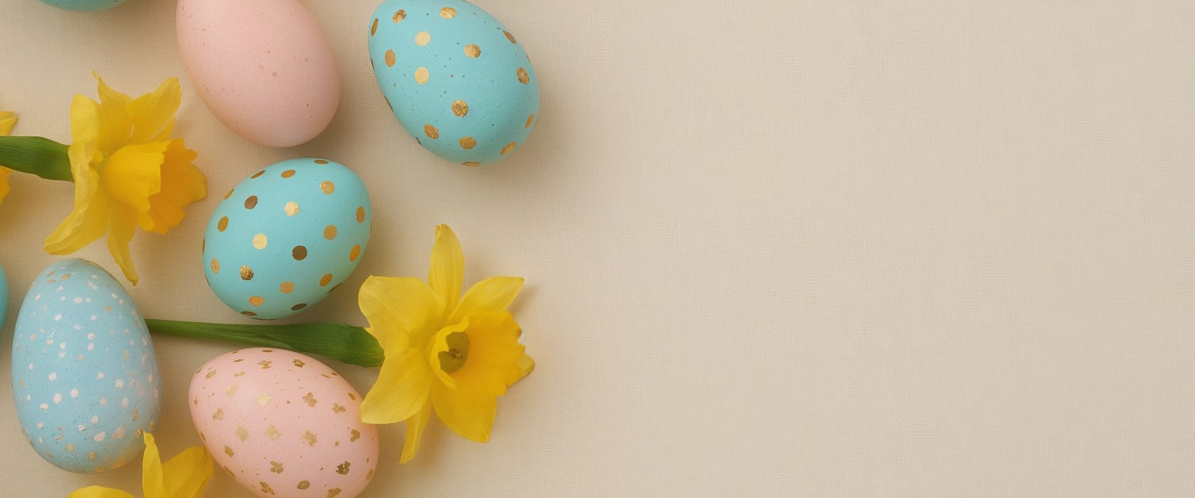 Pastel-colored Easter eggs with gold polka dots and speckles arranged with yellow daffodil flowers on a light beige background, with empty space on the right side.