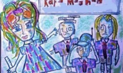 A colorful, childlike drawing shows a woman with multicolored hair and large eyes beside three people in purple outfits. Above them is a sign with red, partially illegible text. The style is playful and exaggerated.