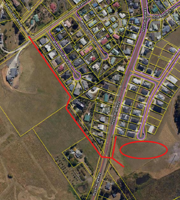A satellite map shows a suburban area with roads, houses, and fields. Red lines and an oval shape highlight specific sections near Union Highway and Bennett Street Road. Yellow lines outline property boundaries.