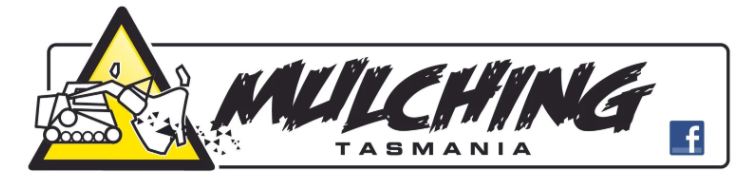 Logo for Mulching Tasmania showing a tracked vehicle with a mulching attachment, spraying debris, inside a yellow triangle. The company name is in bold, stylized text, with a small Facebook icon on the right.