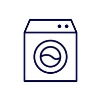 Simple line drawing of a washing machine with a circular door in the center and two small buttons on the top right. The design is minimal and uses dark blue lines on a white background.