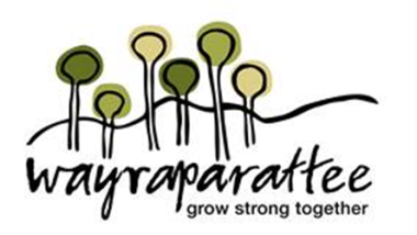 Logo with five stylized trees in shades of green above handwritten text wayraparattee and smaller text below reading grow strong together.