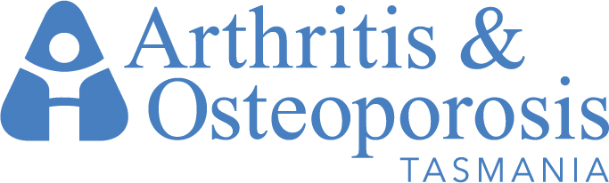 Blue logo with a stylized abstract human figure on the left, and text reading Arthritis & Osteoporosis Tasmania on the right.