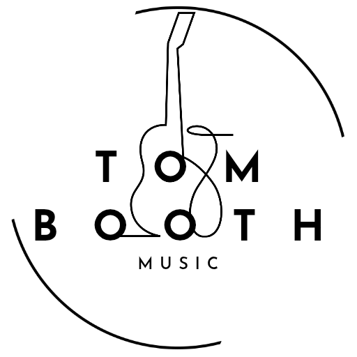 Minimalist logo featuring an outlined guitar integrated with the text TOM BOOTH MUSIC. The guitar’s outline forms part of the letters, and curved lines encircle the design on a light background.