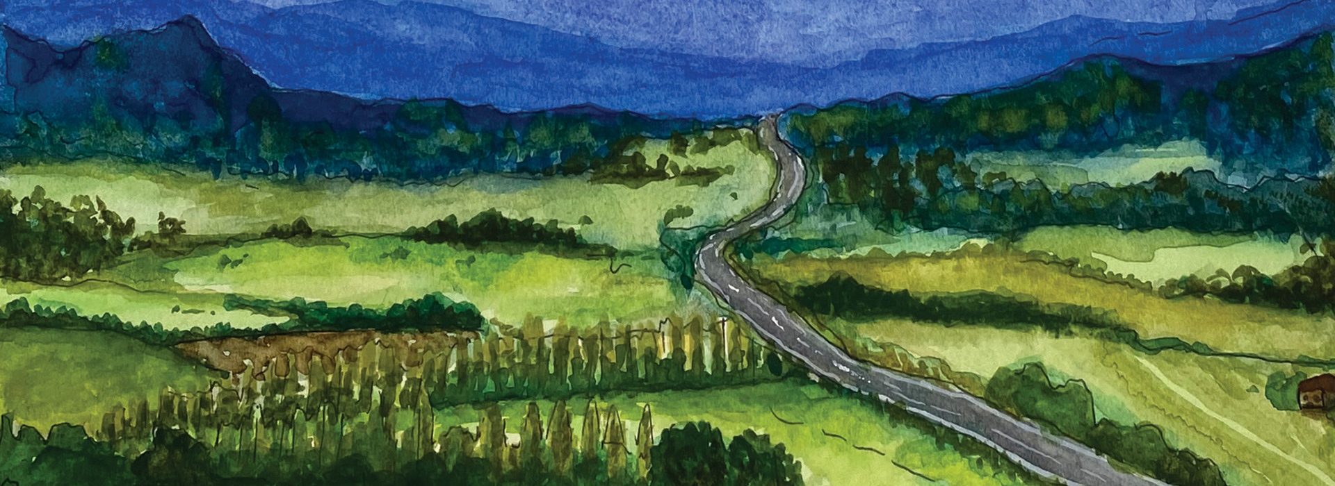A watercolor painting of a winding road cutting through green fields and trees, with distant blue mountains under a cloudy sky.