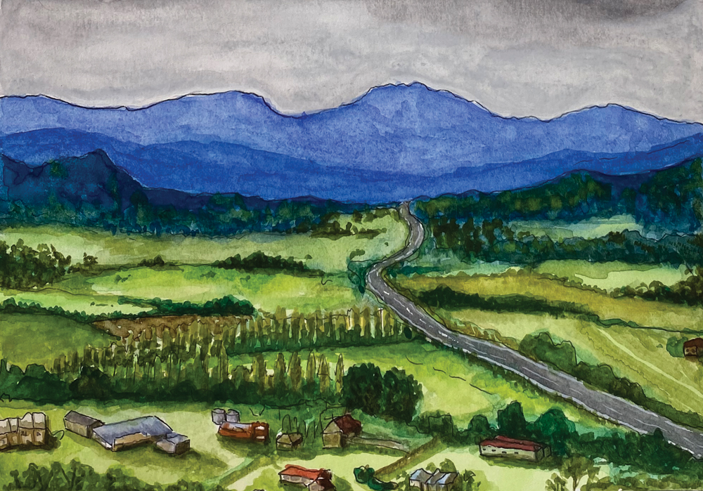 A watercolor landscape of green fields, scattered houses, and a road leading to distant blue mountains under a cloudy sky.