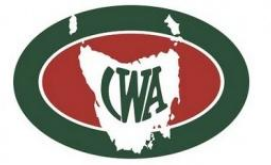 A logo featuring a green oval border, a red inner oval, and a white map of Tasmania in the center with the letters CWA in green across the map.