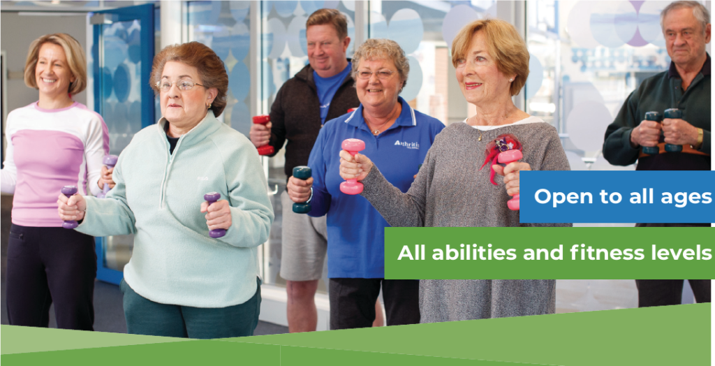 A group of older adults smiling while holding dumbbells in a fitness class. Text reads: Open to all ages, All abilities and fitness levels, and Strength training benefits for all.