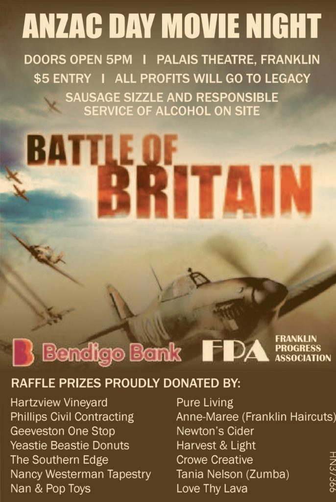Poster for ANZAC Day Movie Night featuring “Battle of Britain.” Event details include entry fee, time, location, and sponsors. Raffle prizes donated by local businesses are listed at the bottom.