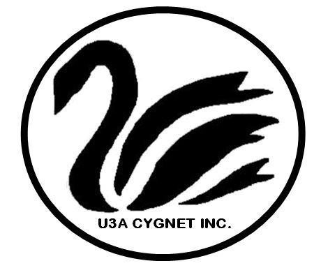 Black swan graphic inside a black oval outline, with the text U3A CYGNET INC. below the swan.