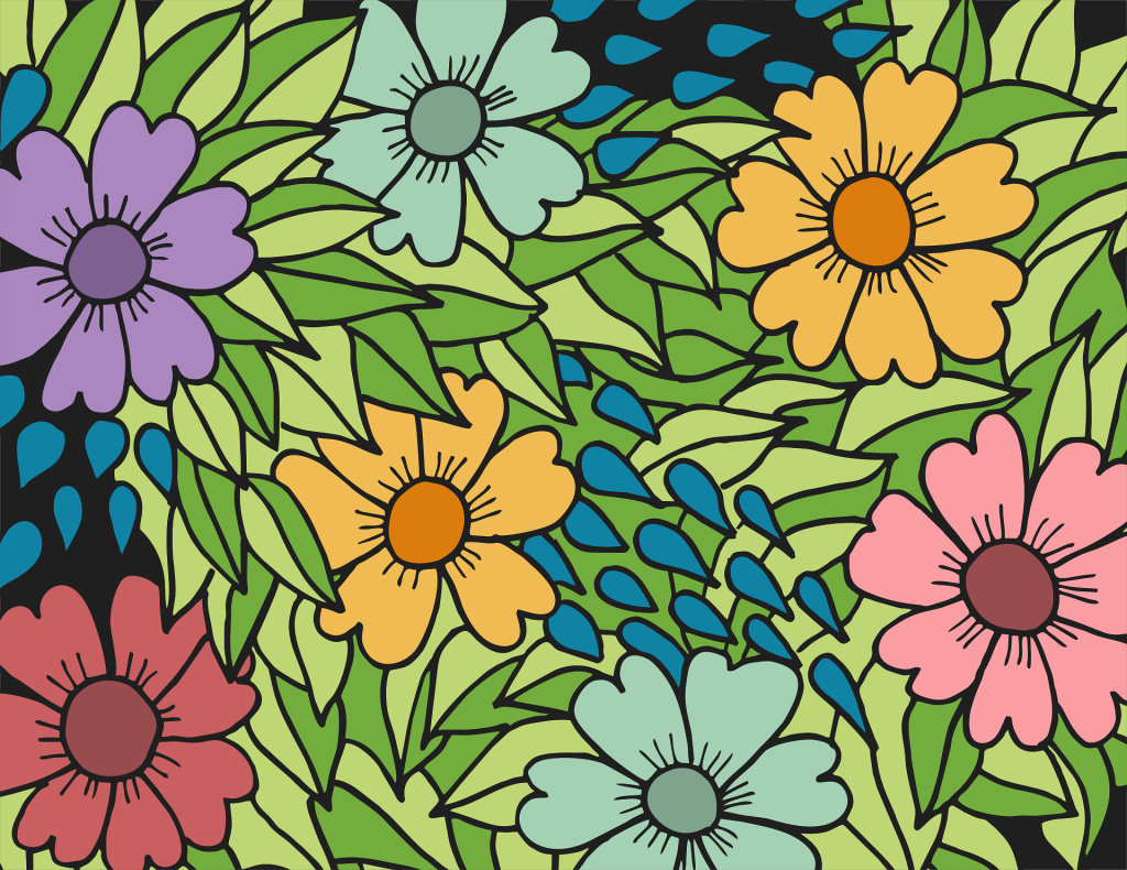 Colorful illustration of blooming flowers in shades of purple, red, yellow, blue, and pink, surrounded by vibrant green leaves and blue abstract shapes on a dark background.