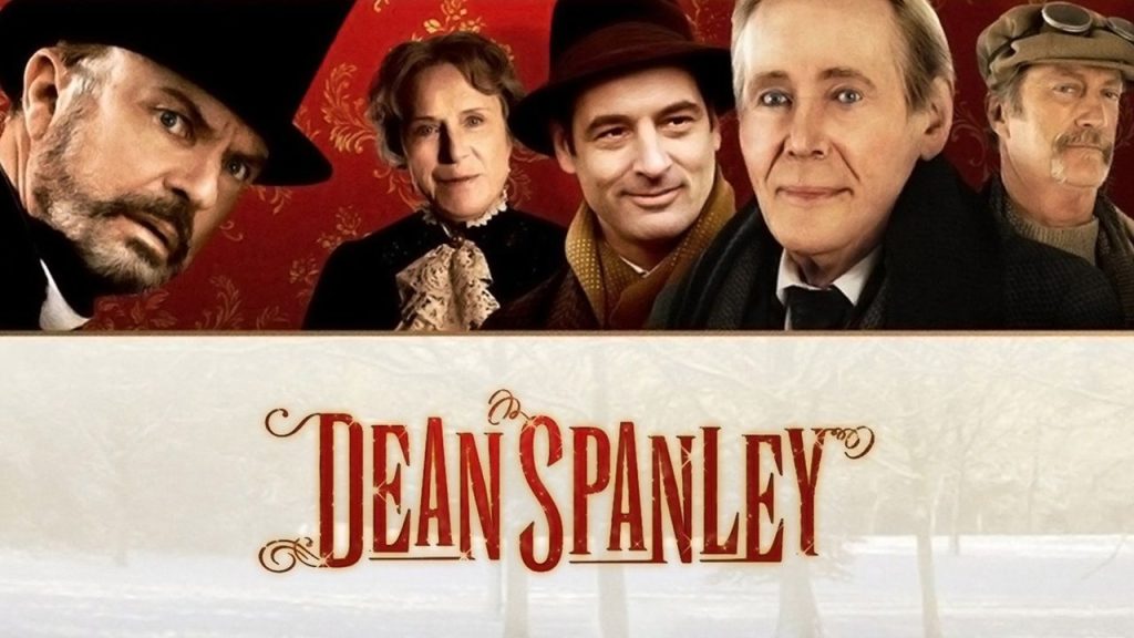 Five characters in period clothing appear above the title Dean Spanley on a red and cream background, with trees in a snowy landscape below the text.