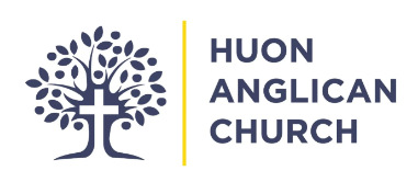 Logo of Huon Anglican Church featuring a stylized tree with a cross at its trunk on the left, and the church name in bold blue letters to the right, separated by a vertical yellow line.