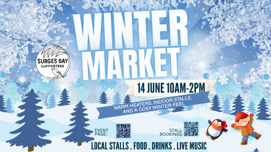 Winter Market event poster. Features snowy trees, snowflakes, and a winter scene with cartoon characters. Includes event details and a logo for Surges Bay Supporters.