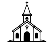 Simple black and white drawing of a small church building with a pointed steeple, cross on top, arched doorway, two windows, and a cross above the entrance.