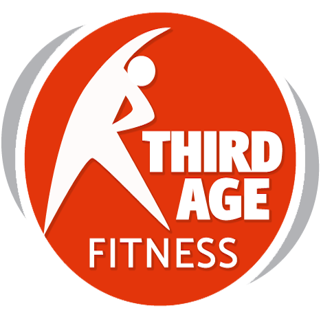 Logo for Third Age Fitness featuring a white abstract figure stretching inside a red circle, with bold white text reading Third Age and “Fitness” in smaller letters below. Silver curved lines accent the circle.