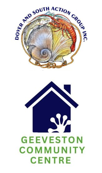 Top: Logo with seashell, fish, and crustacean, labeled “Dover and South Action Group Inc.” Bottom: Blue house with leaf-like shape and “Geeveston Community Centre” in green text.