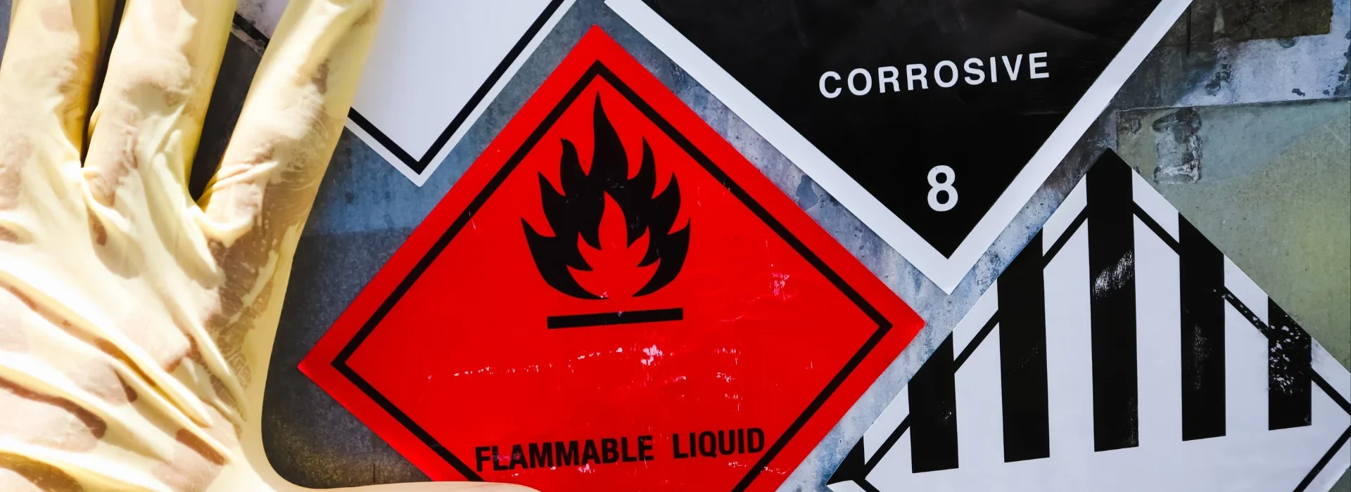 A gloved hand points to several hazardous material warning signs, including a red diamond for flammable liquid, a black and white corrosive label, and other caution symbols.