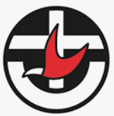 A red stylized dove overlays a black and white circular design, featuring a white cross and semicircle.