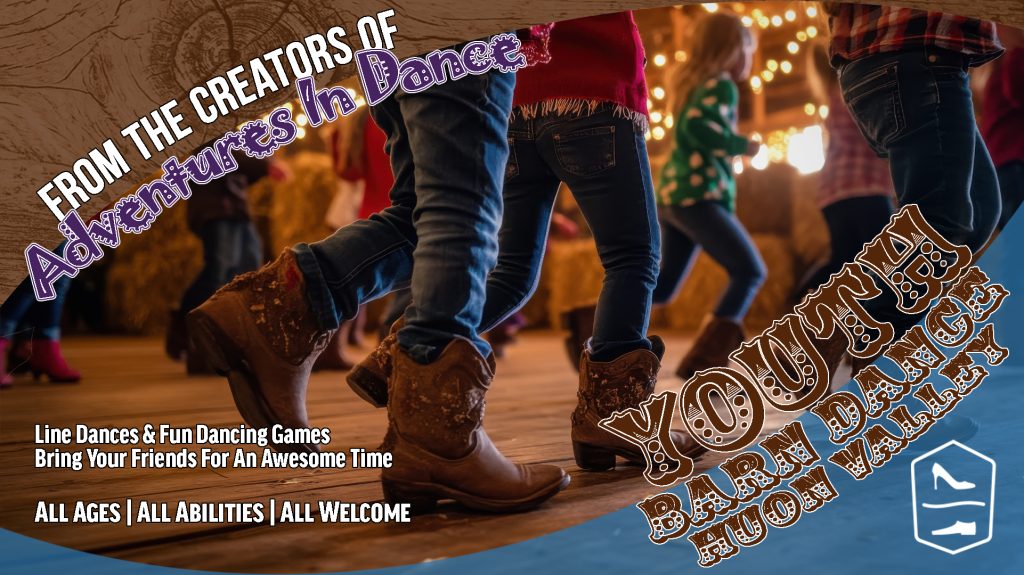 Teens in cowboy boots dance in a barn with string lights. Text advertises a Youth Barn Dance in High Valley, featuring line dances and games for all ages and abilities.