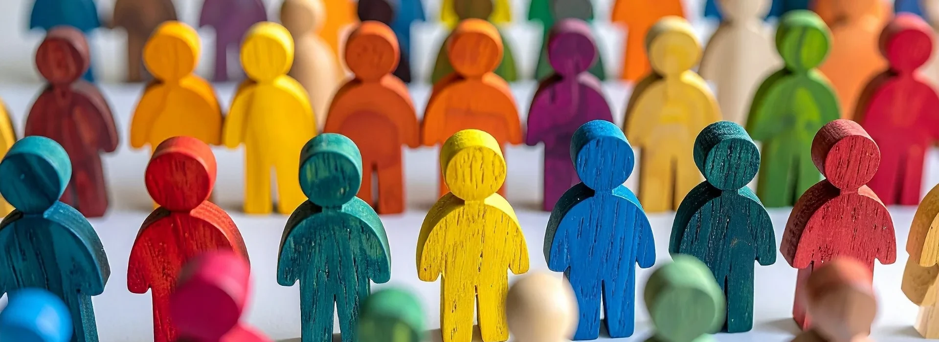 Rows of colorful wooden human-shaped figures are arranged closely together, symbolizing diversity and community. Each figure is painted in a different vibrant color, standing on a white surface.