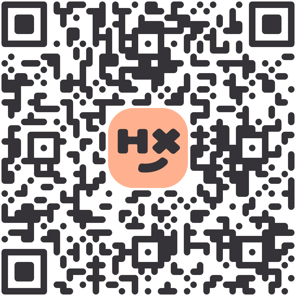 A black and white QR code with a peach-colored square in the center, displaying the letters H X and a playful, winking smiley face. The code is designed for scanning with a smartphone or device.